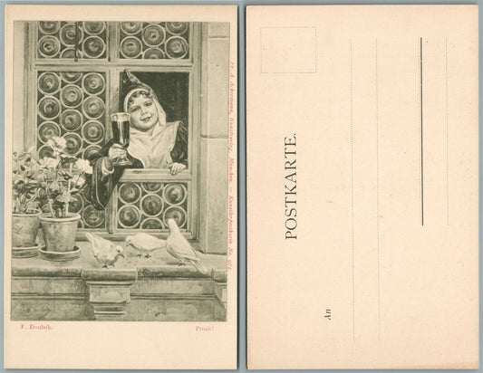 BOY w/ WINE GLASS GERMAN ANTIQUE POSTCARD ARTIST SIGNED F.DOUBEK