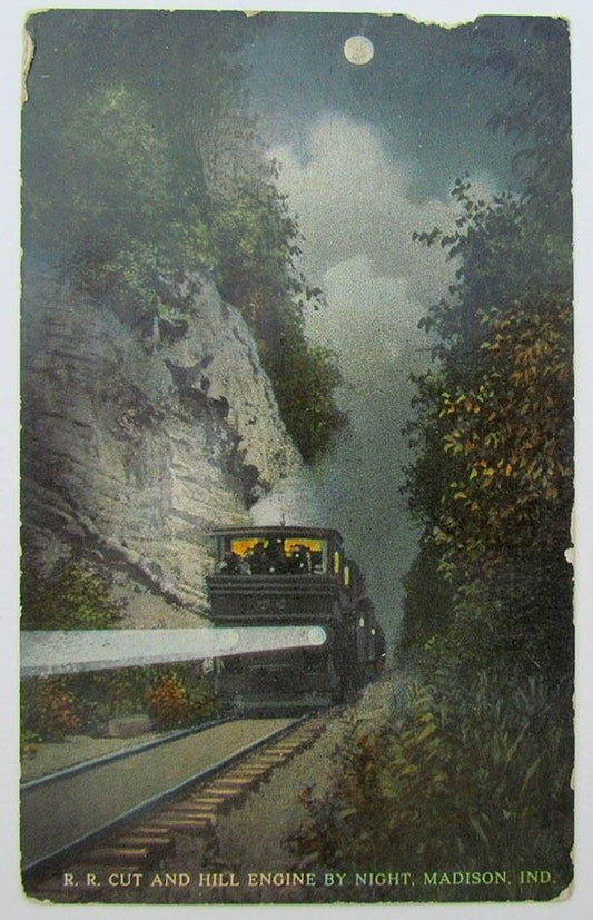 VINTAGE POSTCARD R.R. CUT & HILL ENGINE MADISON INDIANA railway railroad train