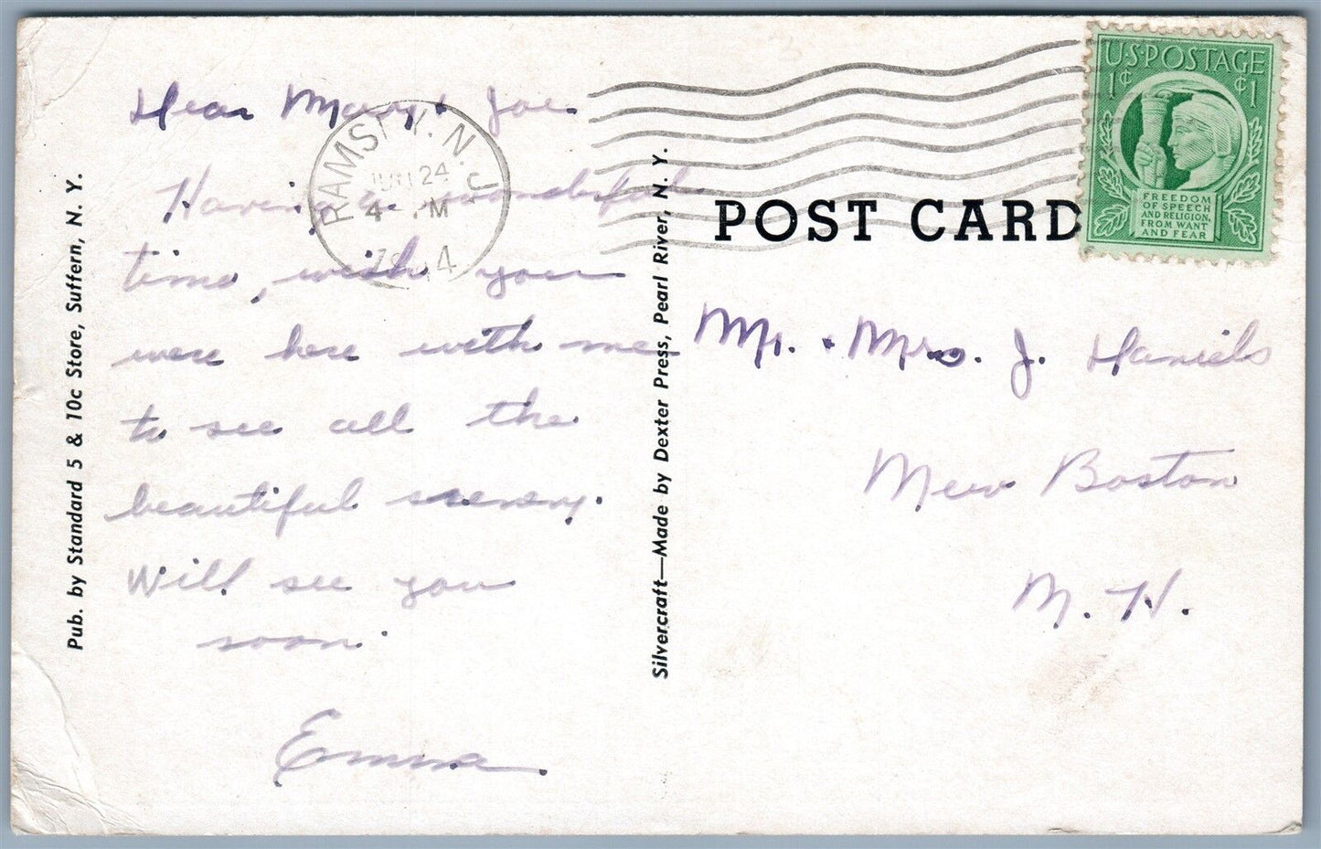 SUFFERN NY HOUVERKOPF COUNTRY CLUB 1944 VINTAGE POSTCARD