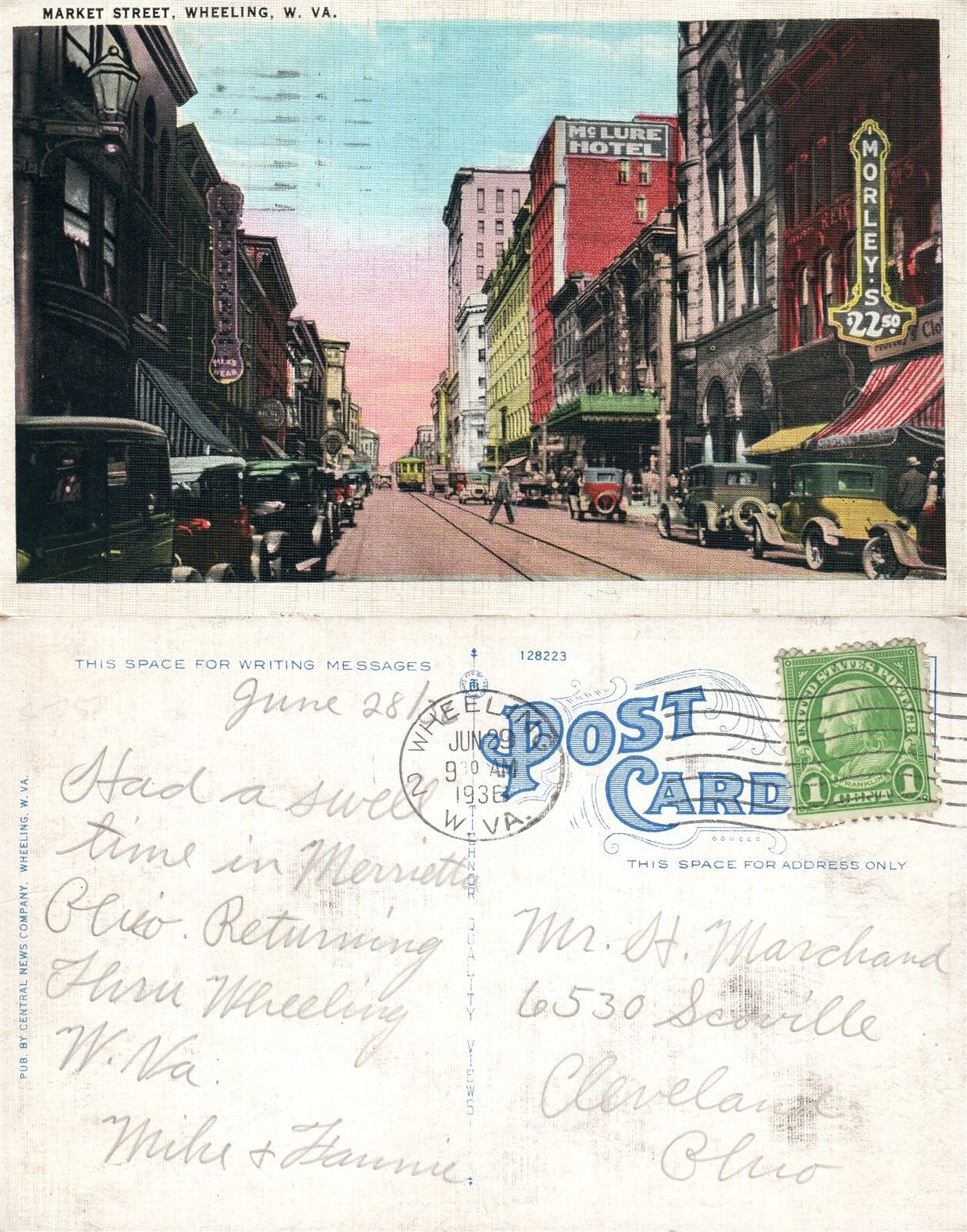 WHEELING W.VA MARKET STREET 1936 ANTIQUE POSTCARD