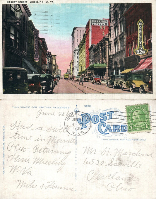 WHEELING W.VA MARKET STREET 1936 ANTIQUE POSTCARD