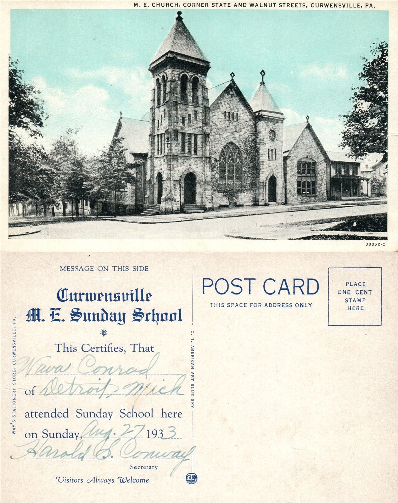 CURWENSVILLE PA STATE & WALNUT STREETS M.E. CHURCH ANTIQUE POSTCARD