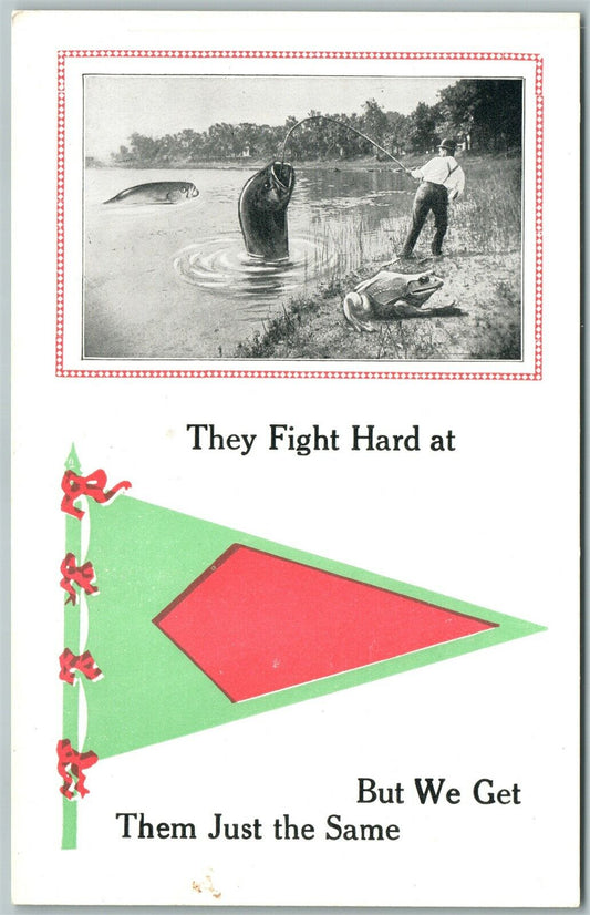 EXAGGERATED ANTIQUE POSTCARD FISHING