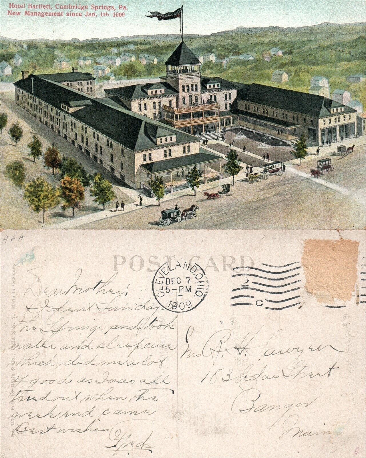 CAMBRIDGE SPRINGS PA HOTEL BARLETT 1909 ANTIQUE POSTCARD