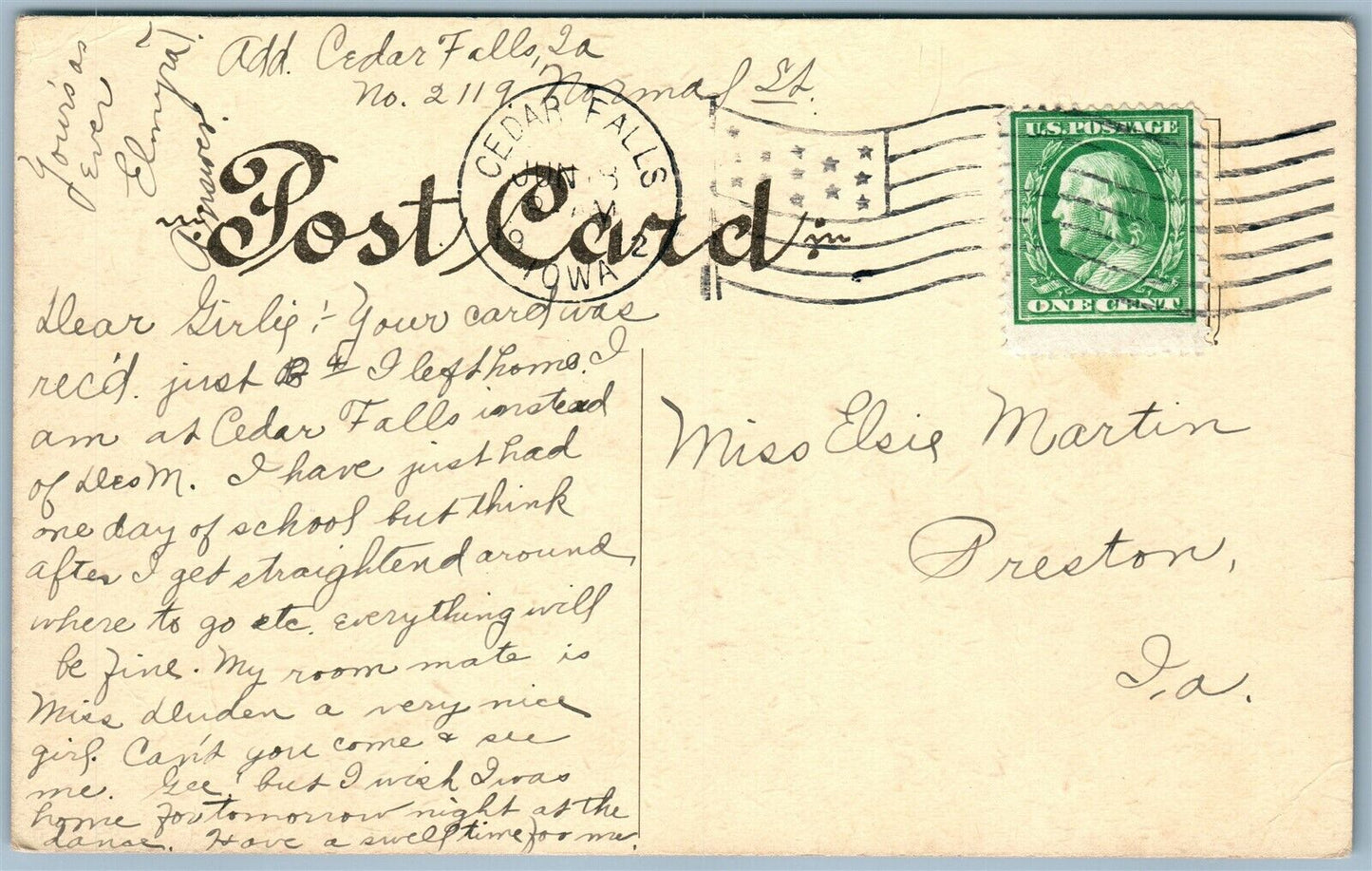 CEDAR FALLS IA IOWA STATE NORMAL SCHOOL 1912 ANTIQUE POSTCARD