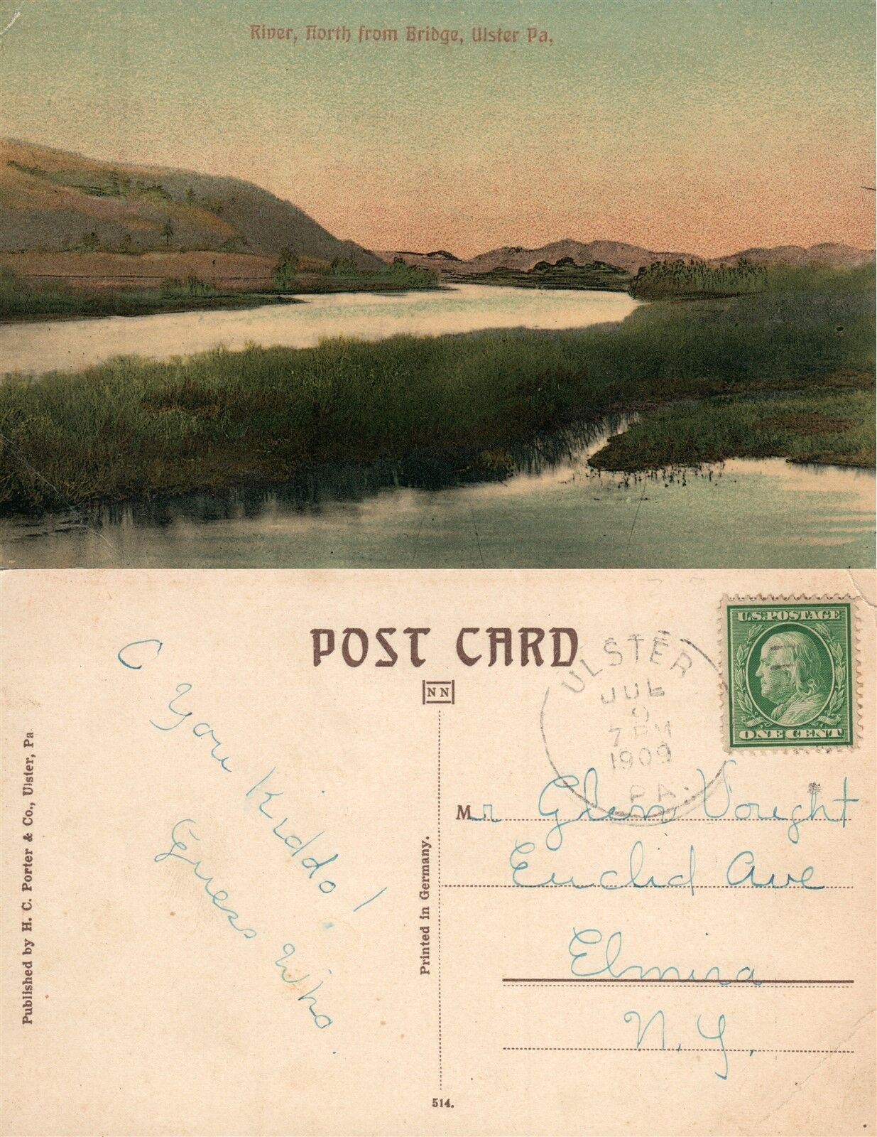 ULSTER PA RIVER NORTH FROM BRIDGE 1909 ANTIQUE POSTCARD