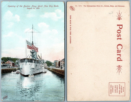 BOSTON NAVY YARD NEW DRY DOCK 1905 ANTIQUE UNDIVIDED POSTCARD American flag