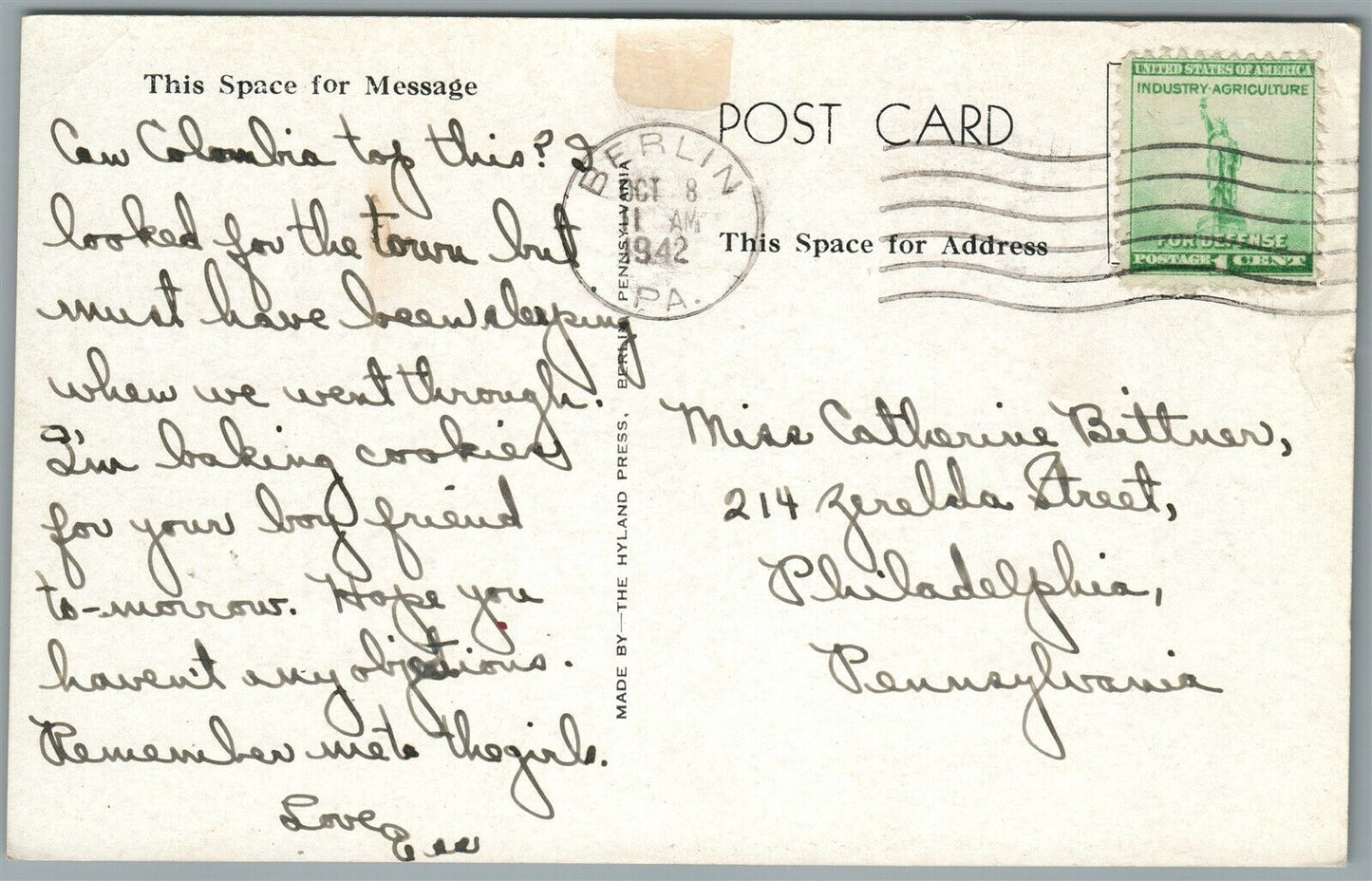 BERLIN PA MAIN STREET ANTIQUE POSTCARD