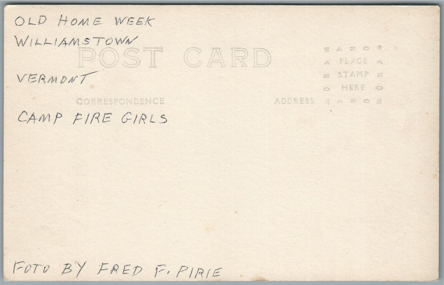 WILLIAMSTOWN VT OLD HOME WEEK ANTIQUE REAL PHOTO POSTCARD RPPC CAMP FIRE GIRLS