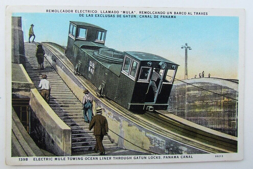 VINTAGE POSTCARD ELECTRIC MULE TOWING OCEAN LINER THRU GATUN LOCKS PANAMA CANAL