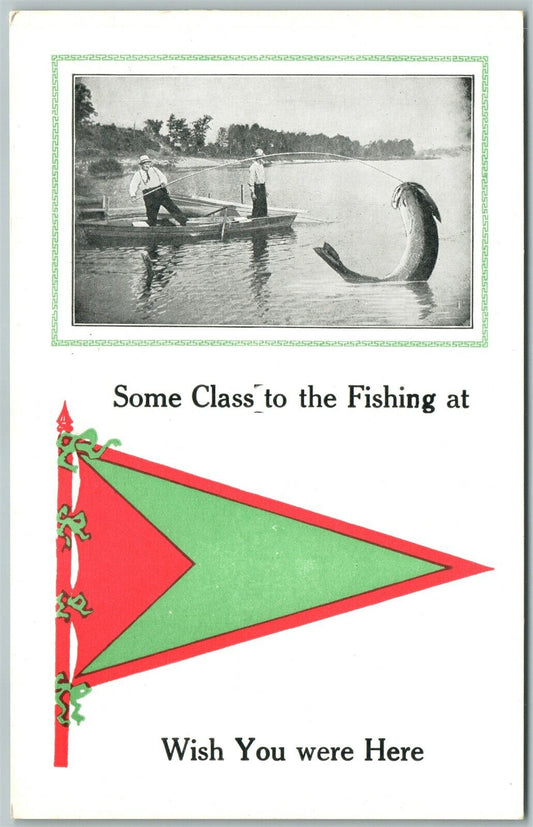 EXAGGERATED ANTIQUE POSTCARD FISHING WISH YOU WERE HERE