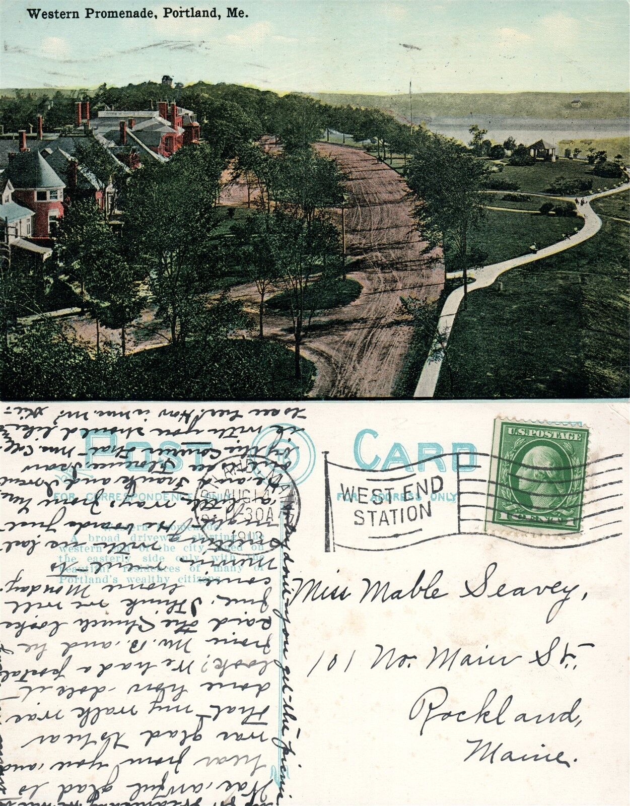PORTLAND ME WESTERN PROMENADE 1913 ANTIQUE POSTCARD