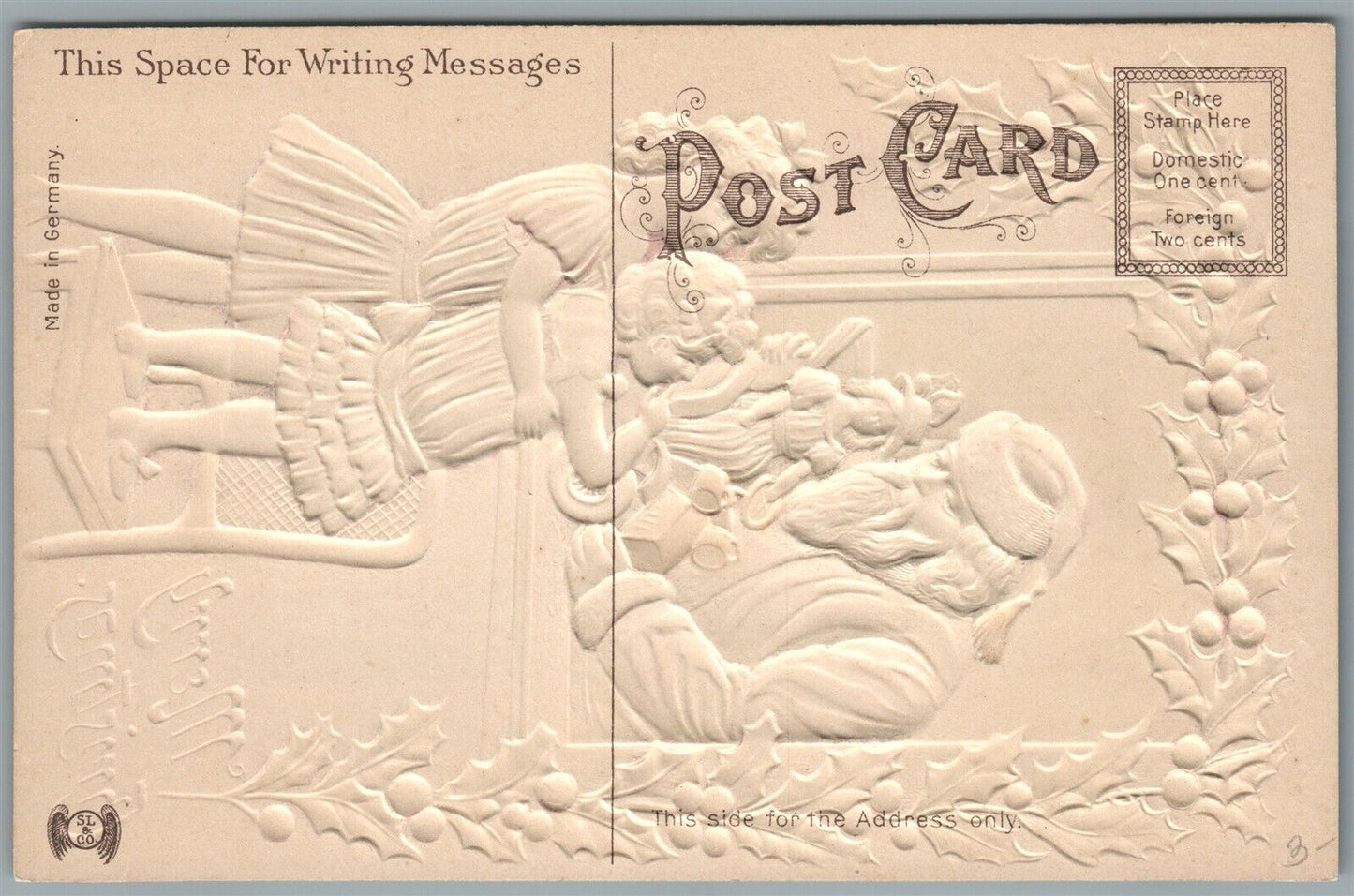 SANTA w/ LITTLE GIRLS MERRY CHRISTMAS EMBOSSED ANTIQUE POSTCARD