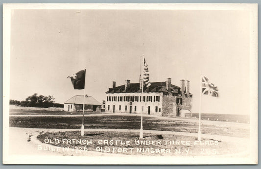 OLD FORT NIAGARA NY OLD FRENCH CASTLE 3 FLAGS VINTAGE REAL PHOTO POSTCARD RPPC