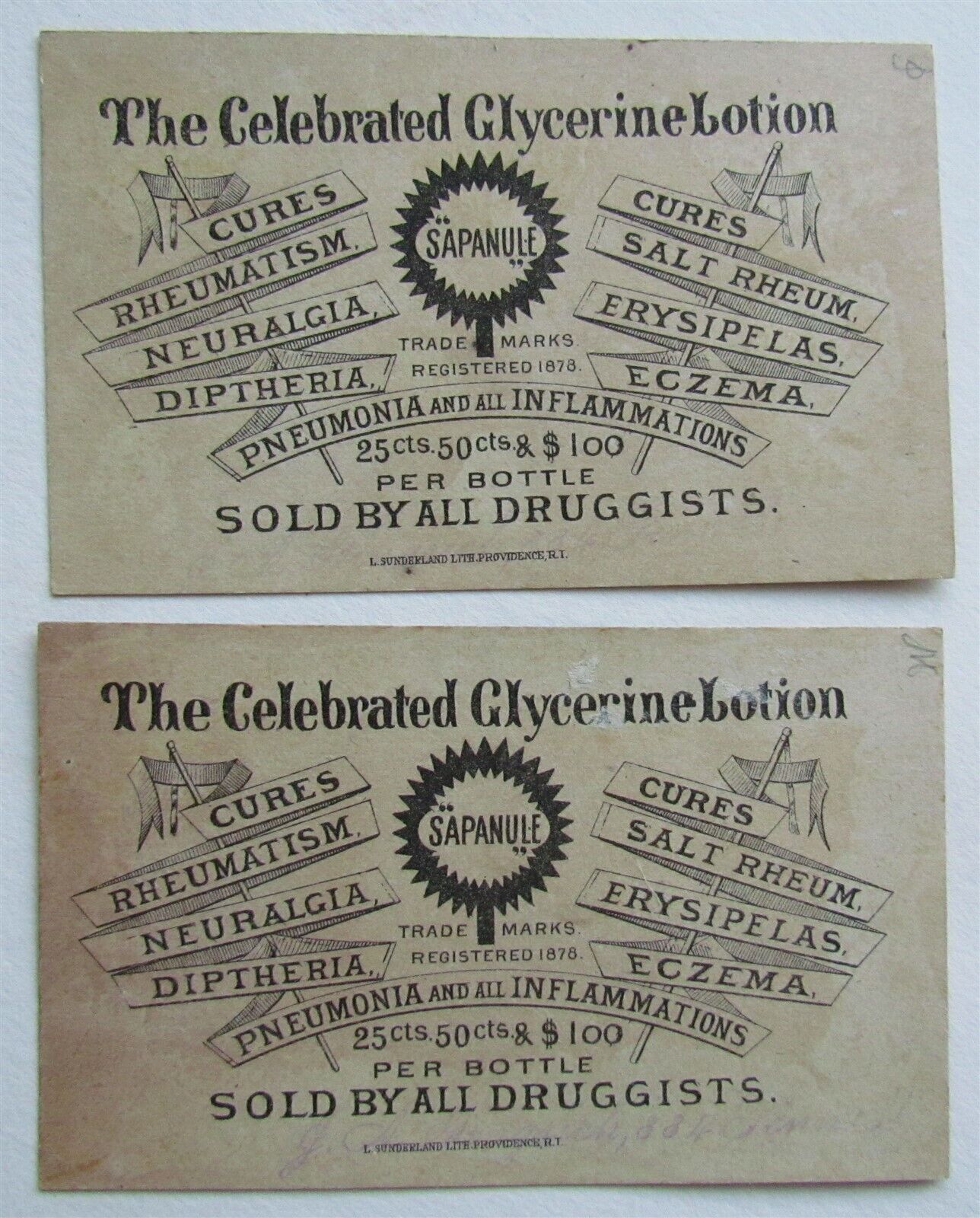 PROVIDENCE RI GLYCERINE LOTION SAPANULE set of 2 ANTIQUE VICTORIAN TRADE CARDS