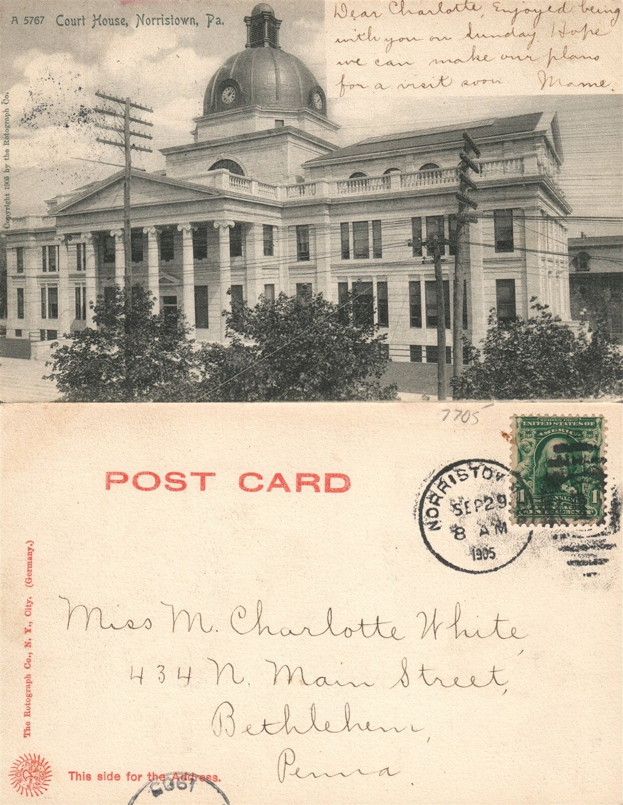 NORRISTOWN PA MONTGOMERY COURT HOUSE 1905 UNDIVIDED ANTIQUE POSTCARD CORK STAMP
