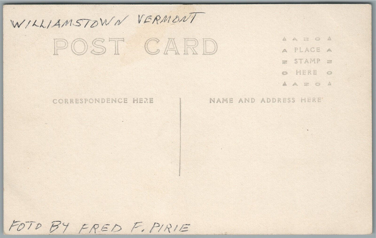 WILLIAMSTOWN VT ANTIQUE REAL PHOTO POSTCARD RPPC by FRED F. PIRIE