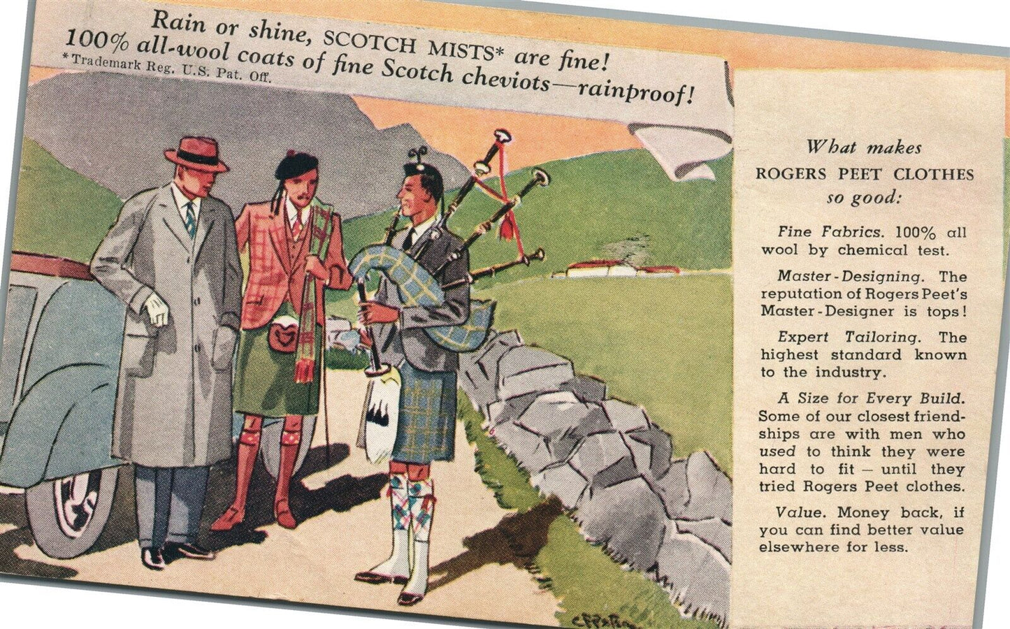 ROGER PEET CLOTHES SCOTCH CHEVIOTS ADVERTISING ANTIQUE POSTCARD