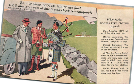 ROGER PEET CLOTHES SCOTCH CHEVIOTS ADVERTISING ANTIQUE POSTCARD