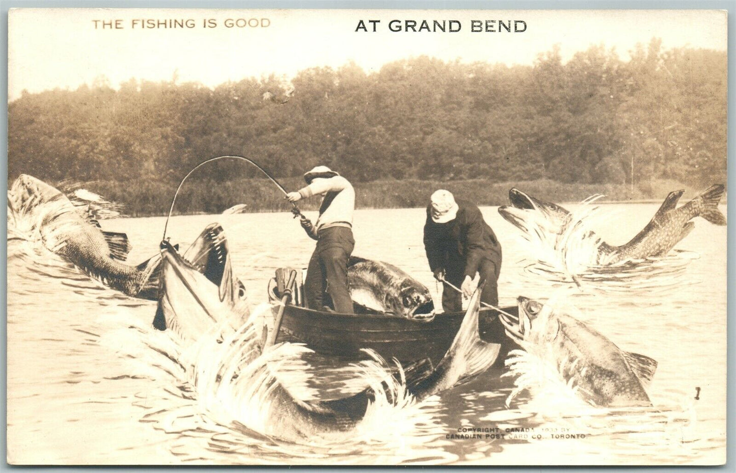 GRAND BENT CANADA FISHING EXAGGERATED ANTIQUE REAL PHOTO POSTCARD RPPC