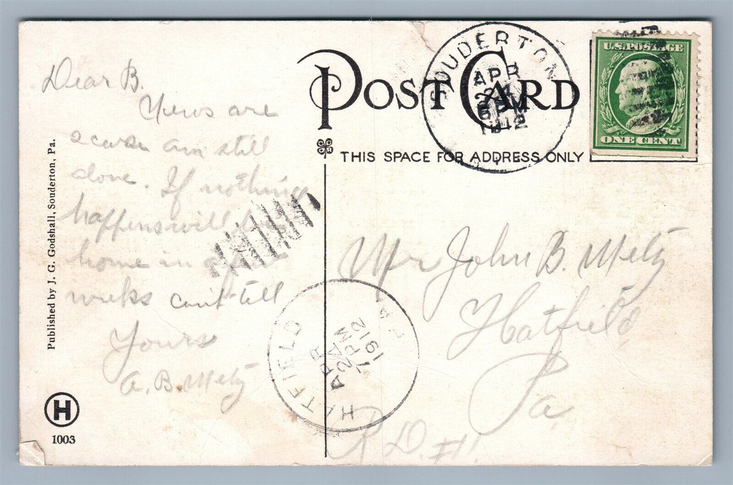 SOUDERTON PA MENNONITE CHURCH ANTIQUE POSTCARD