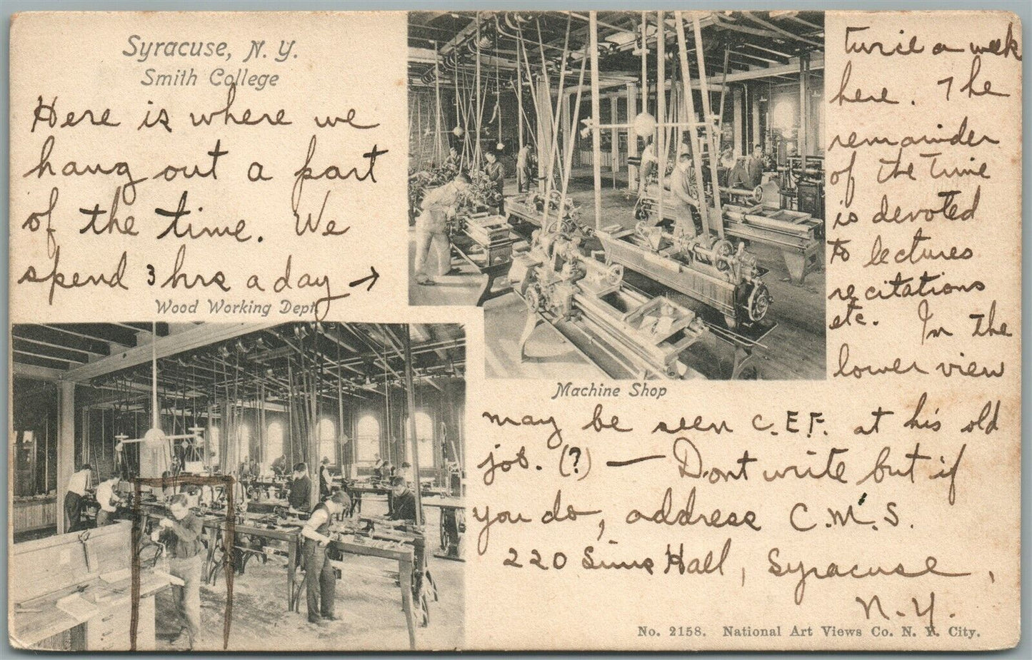SYRACUSE NY SMITH COLLEGE WOOD WORKING DEPT. & MACHINE SHOP ANTIQUE POSTCARD