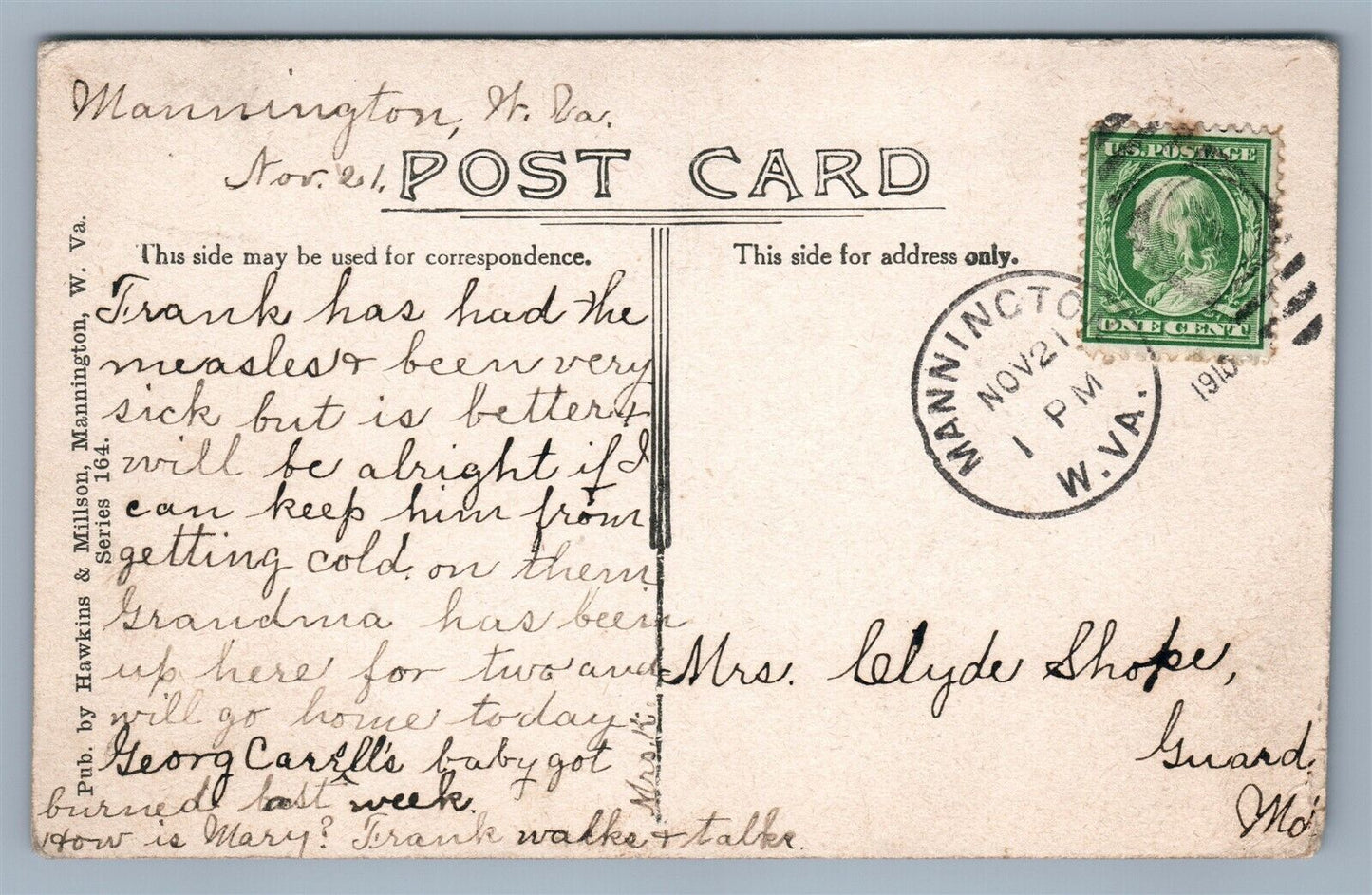 MANNINGTON W.Va M.E.CHURCH 1915 ANTIQUE POSTCARD