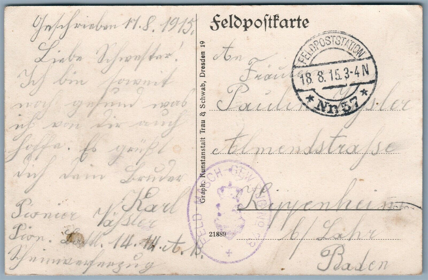 WWI FELDPOSTKARTE 1915 ANTIQUE POSTCARD GERMAN SOLDIERS IN BRIMONT FRANCE