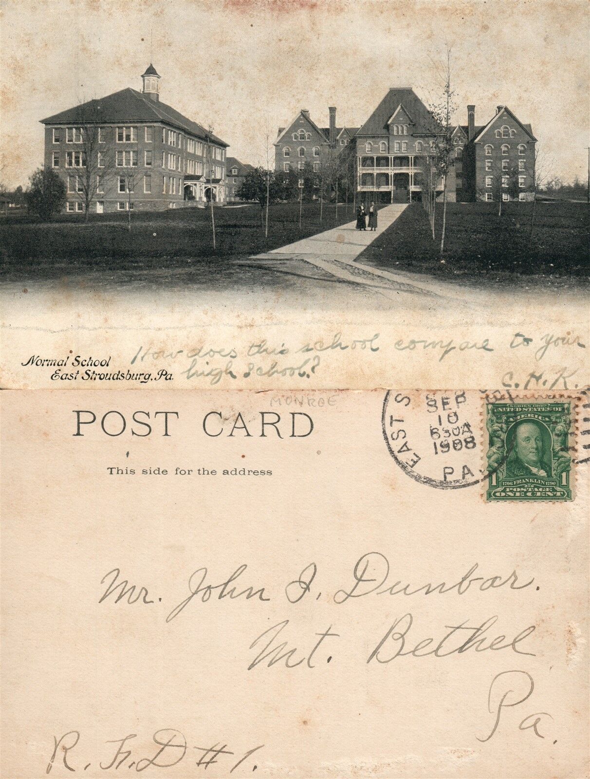 EAST STROUDSBURG PA NORMAL SCHOOL 1908 UNDIVIDED ANTIQUE POSTCARD