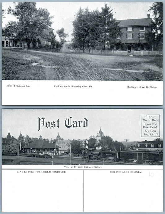 BLOOMING GLEN & VIEW OF PERKASIE RAILWAY STATION VINTAGE POSTCARD railroad depot