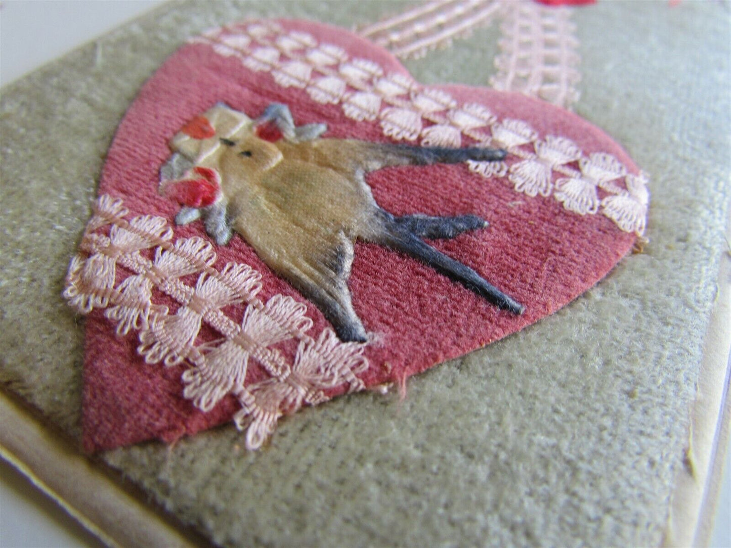 VALENTINE DAY ANTIQUE POSTCARD w/ FABRIC APPLIQUE