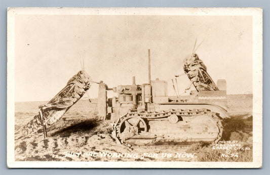 EXAGGERATED GRASSHOPER w/TRACTOR VINTAGE REAL PHOTO POSTCARD RPPC GARDEN CITY KS