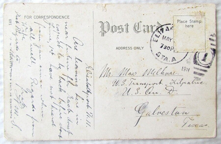1911 ANTIQUE POSTCARD THE ELKS HOME ELIZABETH N.J. cork cancel