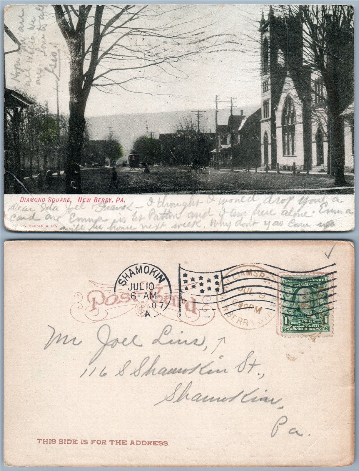 NEW BERRY PA DIAMOND SQUARE ANTIQUE UNDIVIDED 1907 POSTCARD