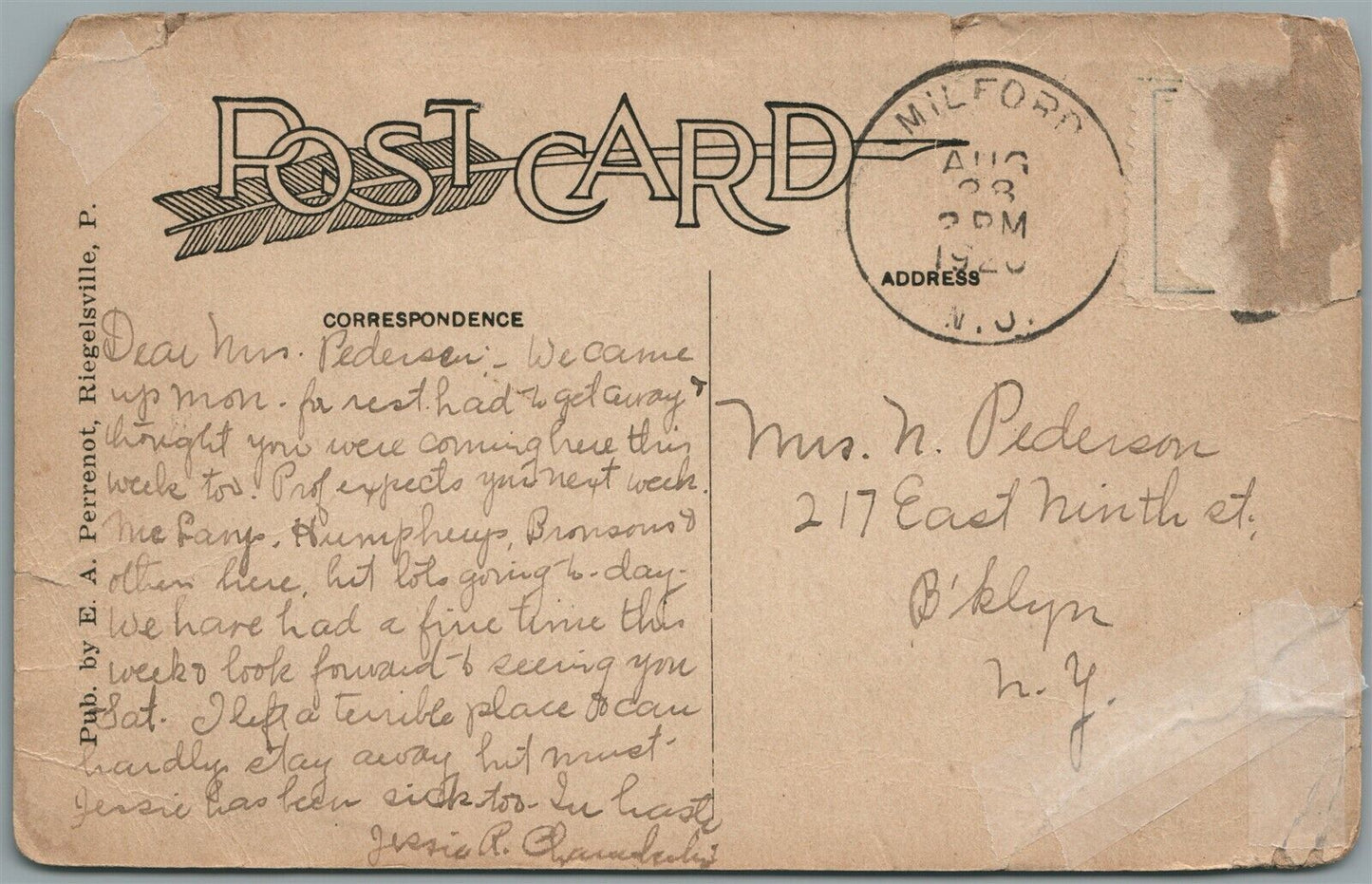 RIEGELSVILLE NJ BERKELEY HALL ANTIQUE POSTCARD