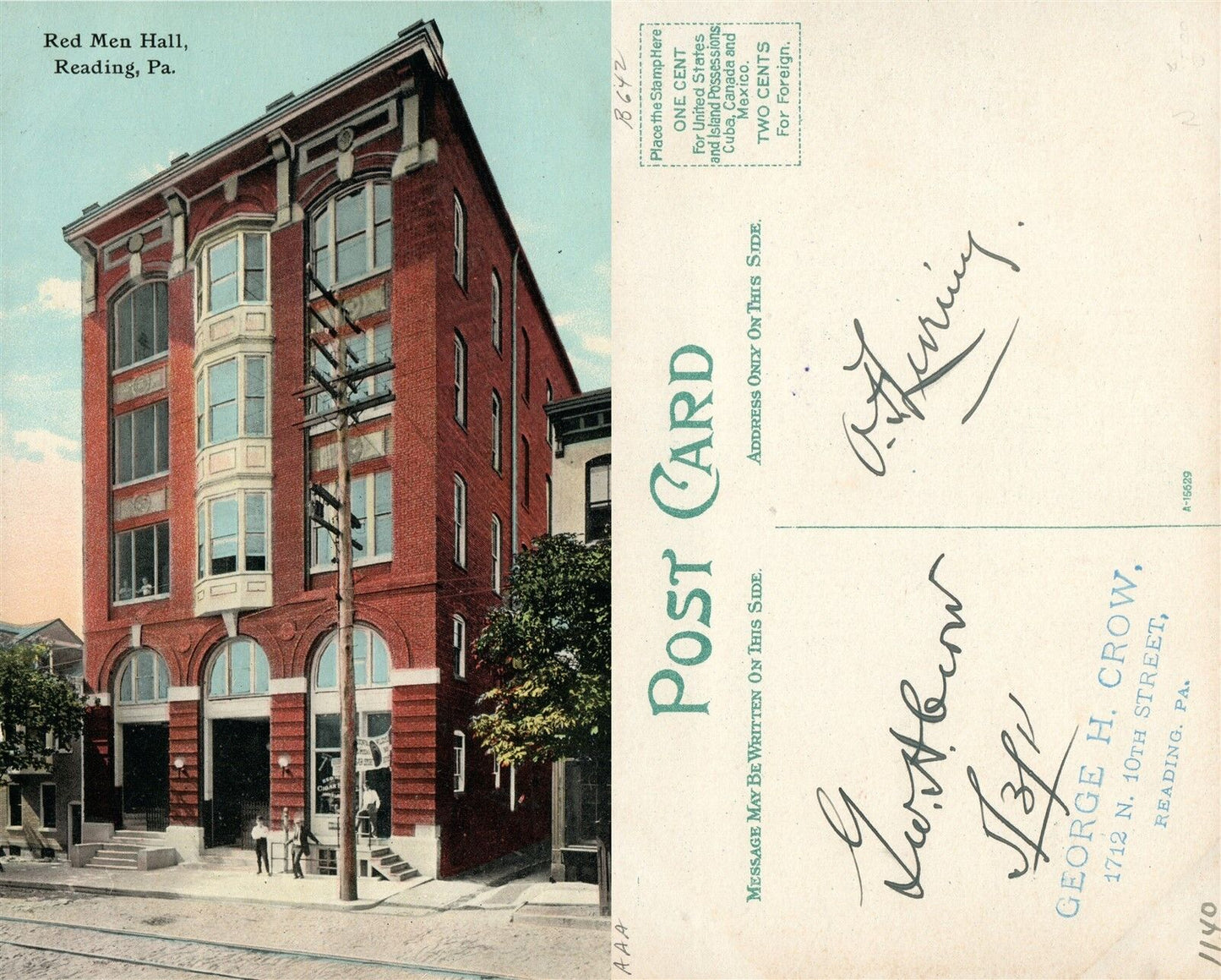 READING PA RED MEN HALL ANTIQUE POSTCARD