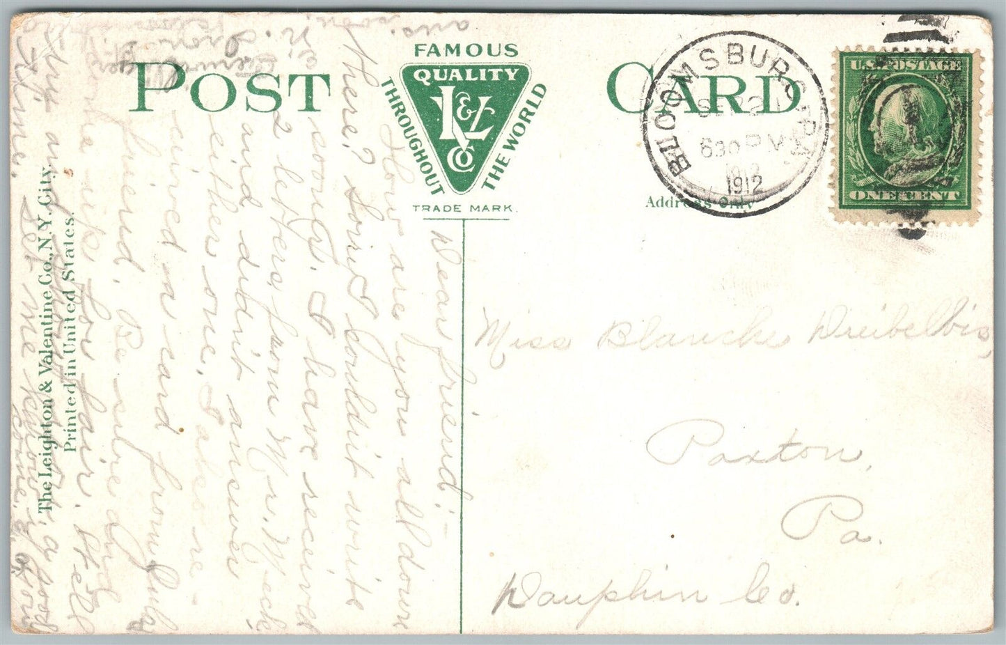 BLOOMSBURG PA OLD MARKET STREET 1912 ANTIQUE POSTCARD