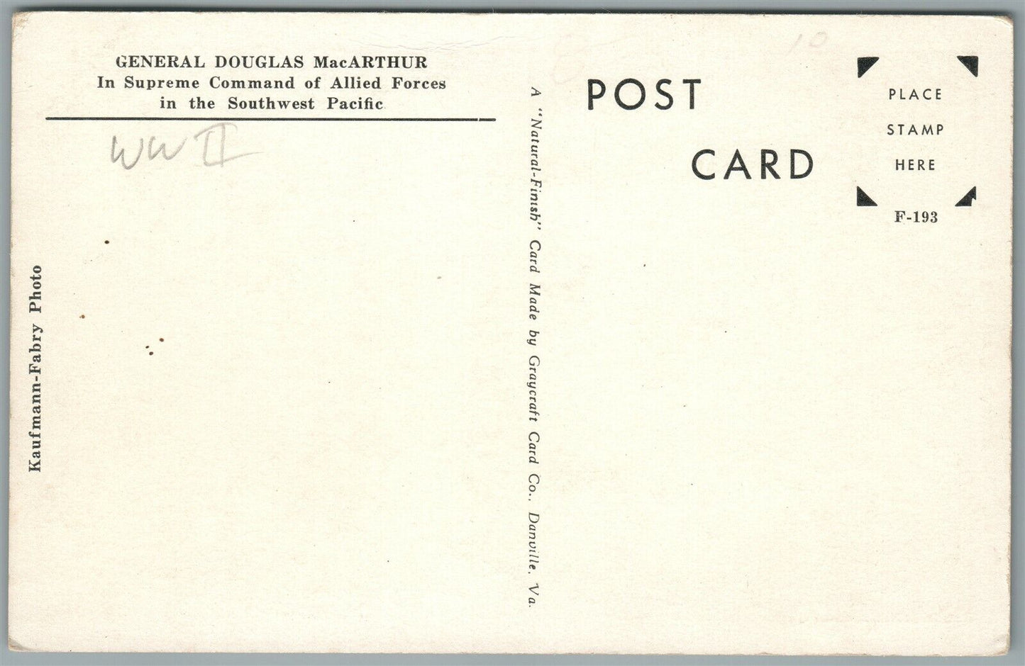 GENERAL DOUGLAS MACARTHUR VINTAGE POSTCARD