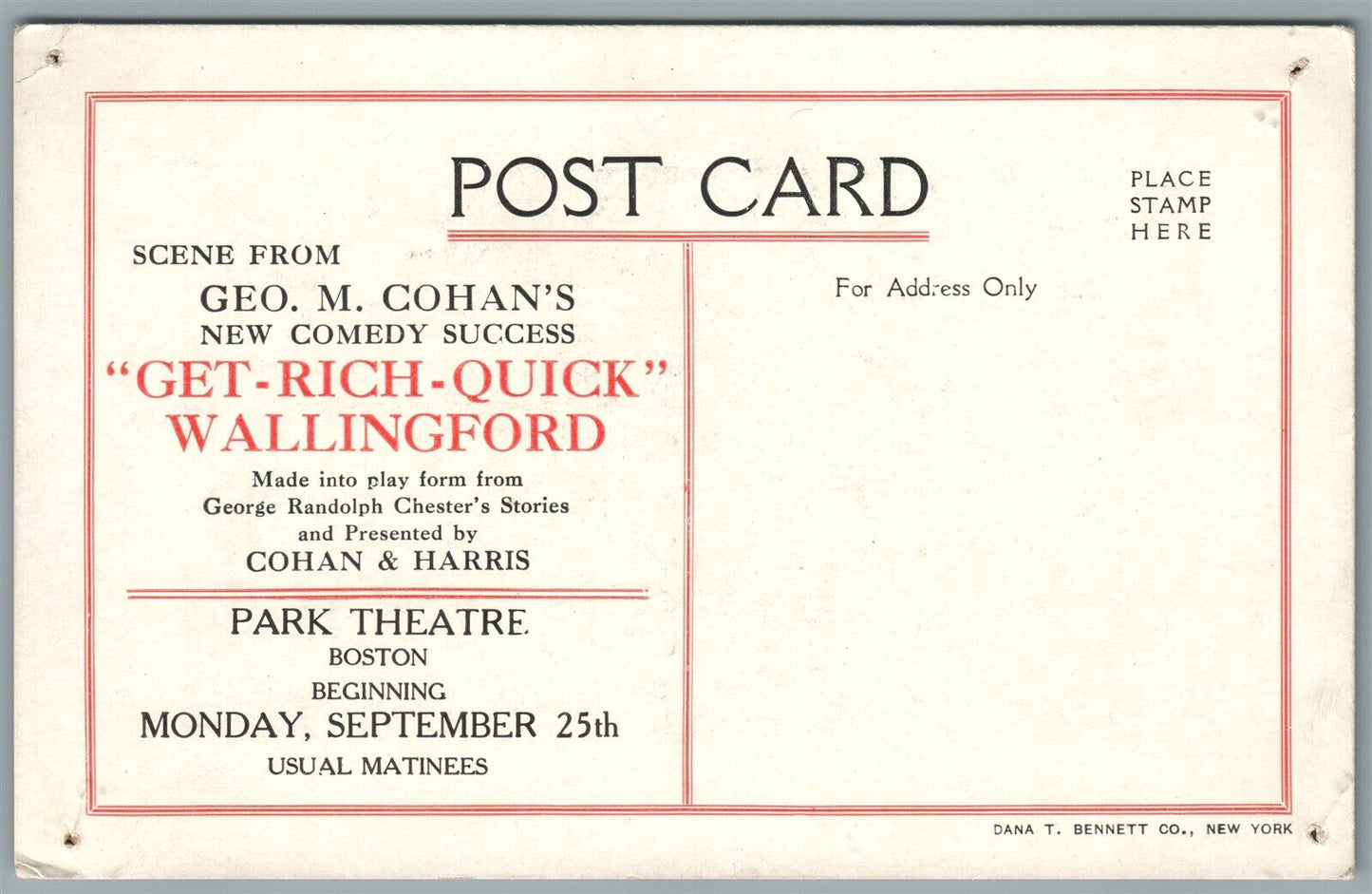 BOSTON MA PARK THEATRE GET RICH QUICK COMEDY ANTIQUE POSTCARD