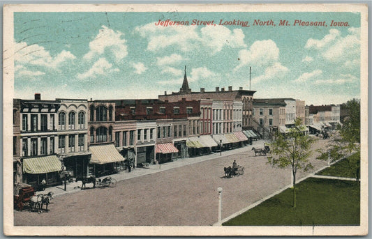 MT. PLEASANT IA JEFFERSON STREET LOOKING NORTH ANTIQUE POSTCARD