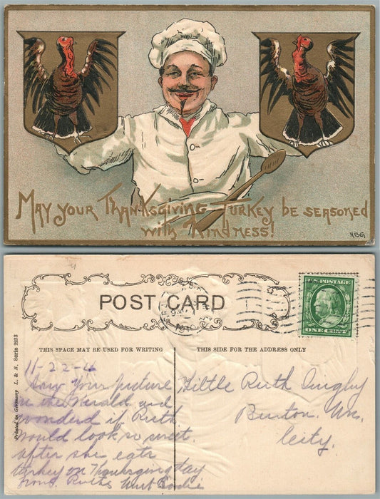 ARTIST SIGNED NBG ANTIQUE THANKSGIVING 1910 EMBOSSED POSTCARD - COOK w/ TURKEYS