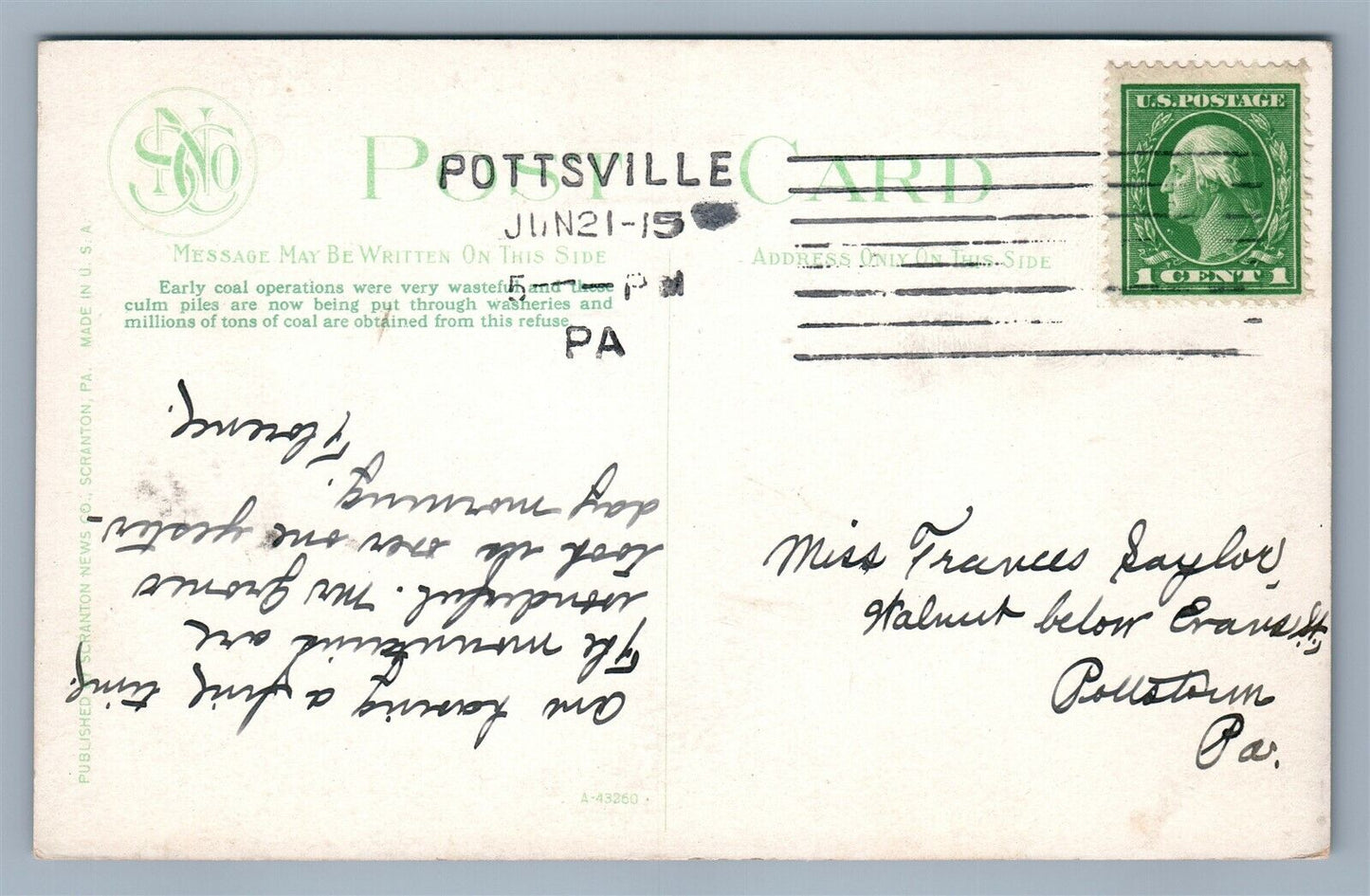 COAL BREAKER SHOWING MAMMOTH CULM PILE ANTIQUE POSTCARD w/ POTTSVILE PA CANCEL