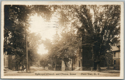 PENN YAN NY EPISCOPAL CHURCH & CLINTON STREET ANTIQUE REAL PHOTO POSTCARD RPPC