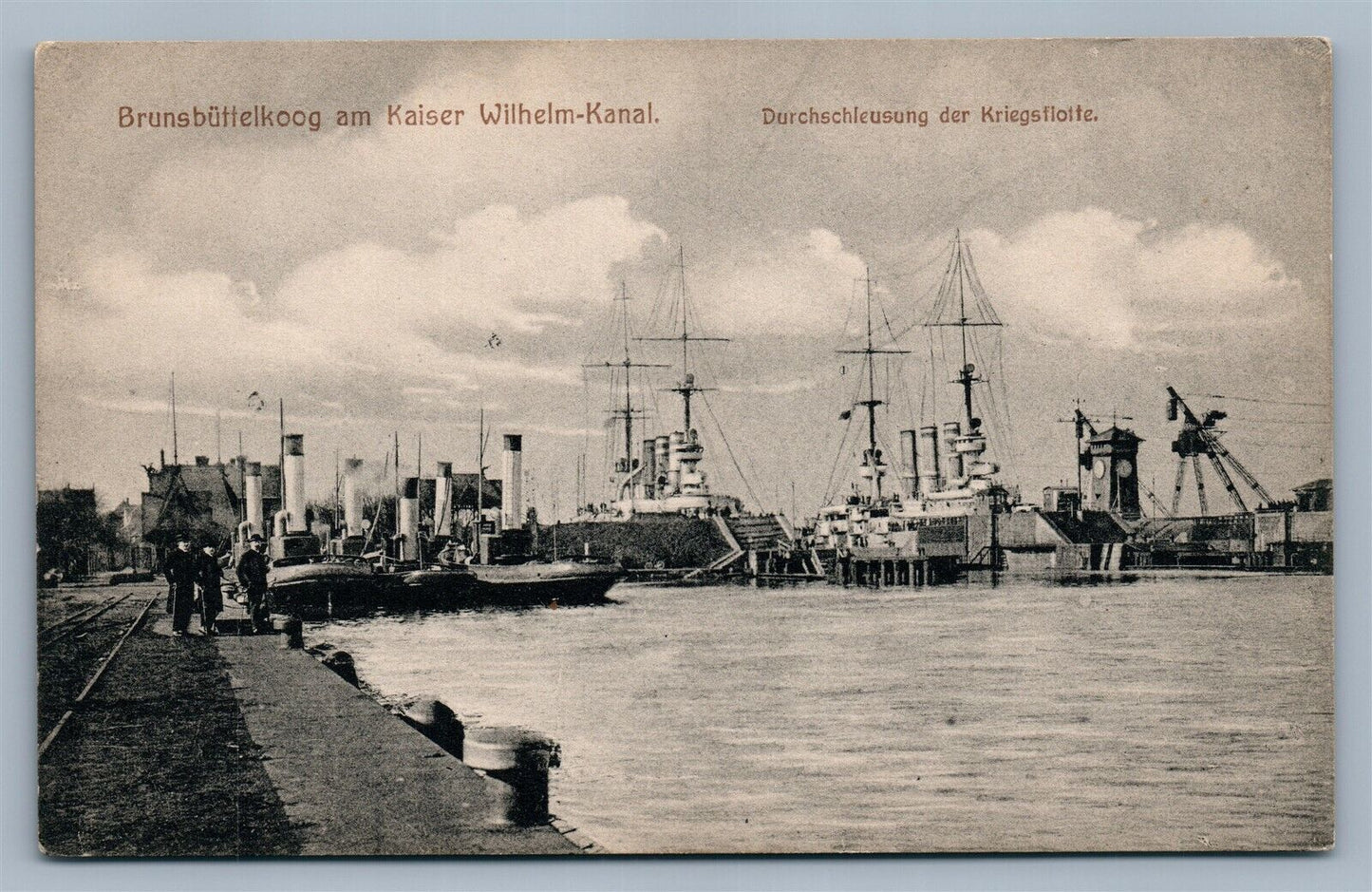 GERMANY BRUNSBUTTELKOOG AM KAISER WILHELM KANAL PORT w/ SHIPS ANTIQUE POSTCARD