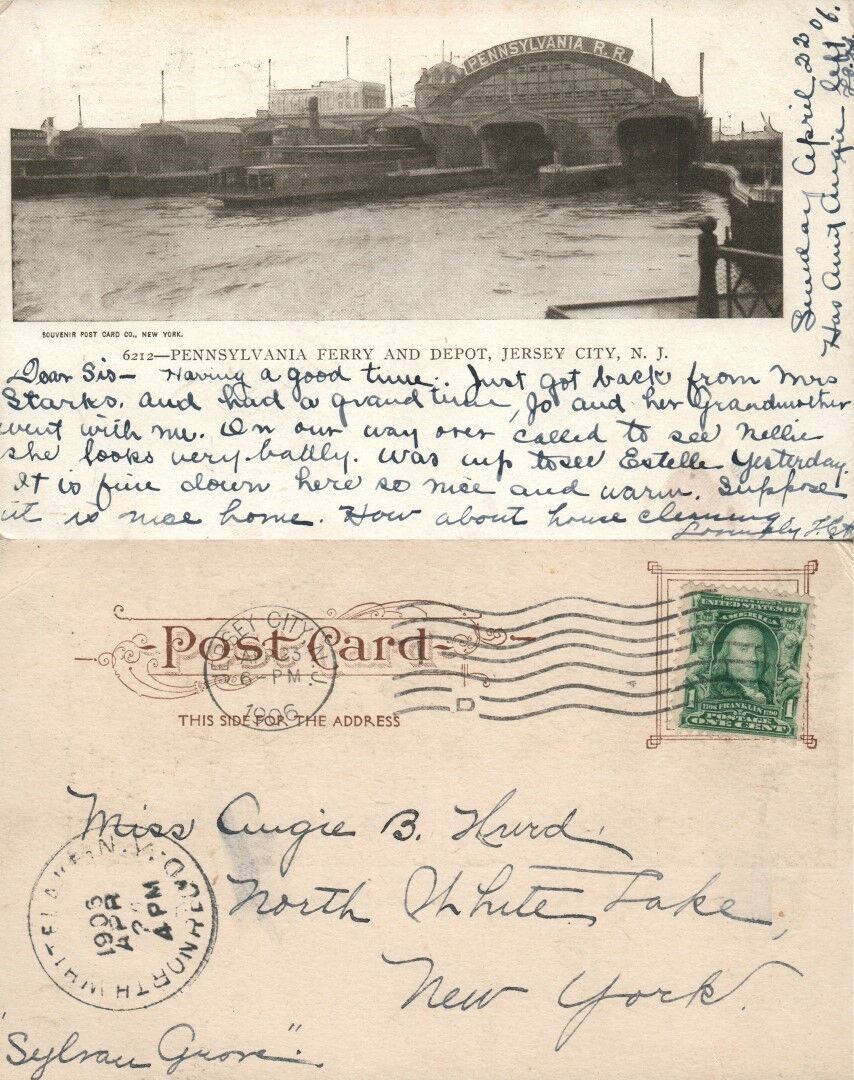JERSEY CITY N.J. PENNSYLVANIA FERRY & RAILROAD DEPOT 1906 ANTIQUE POSTCARD