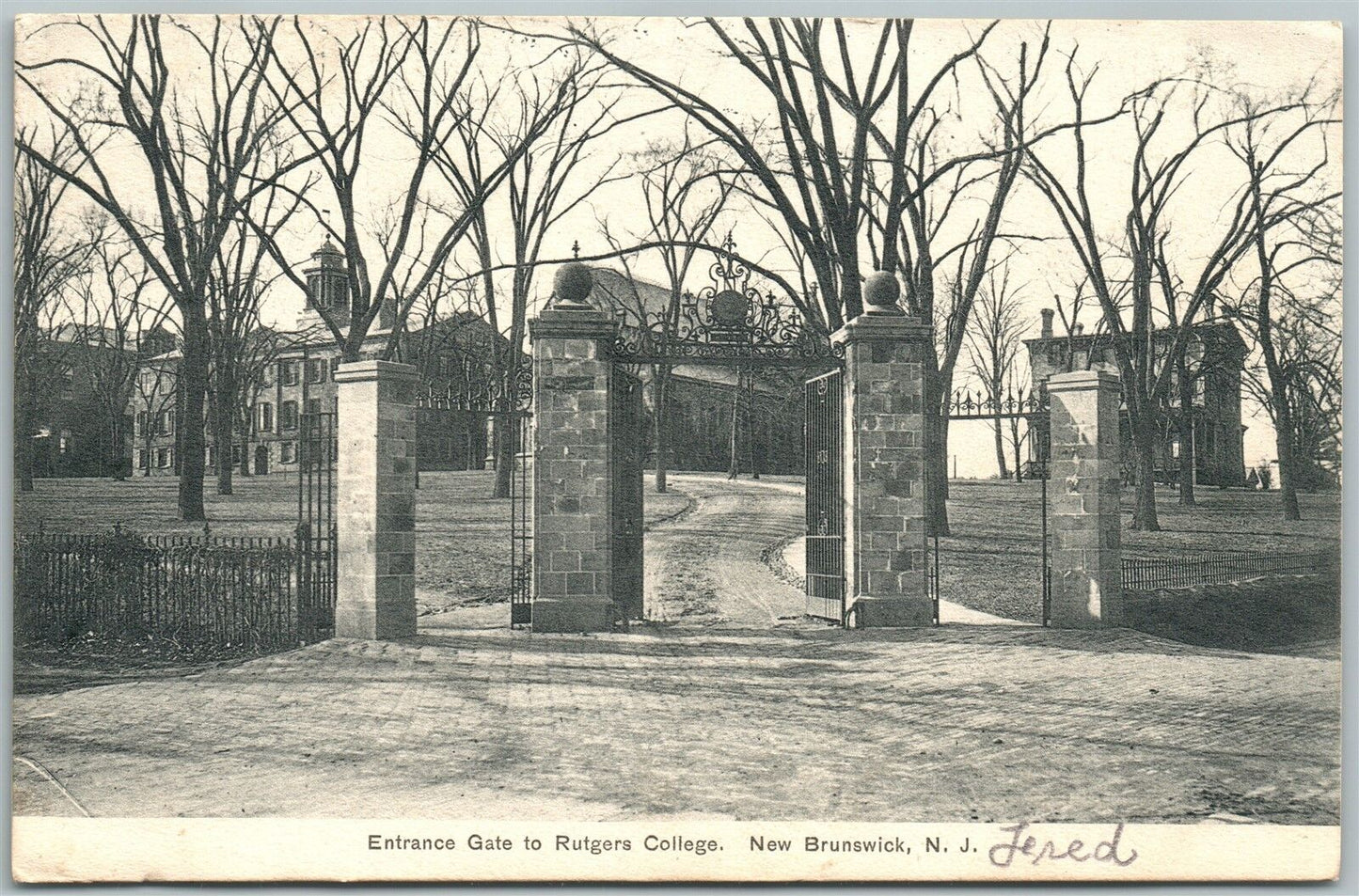NEW BRUNSWICK NJ RUTGERS COLLEGE ENTRANCE 1907 ANTIQUE POSTCARD