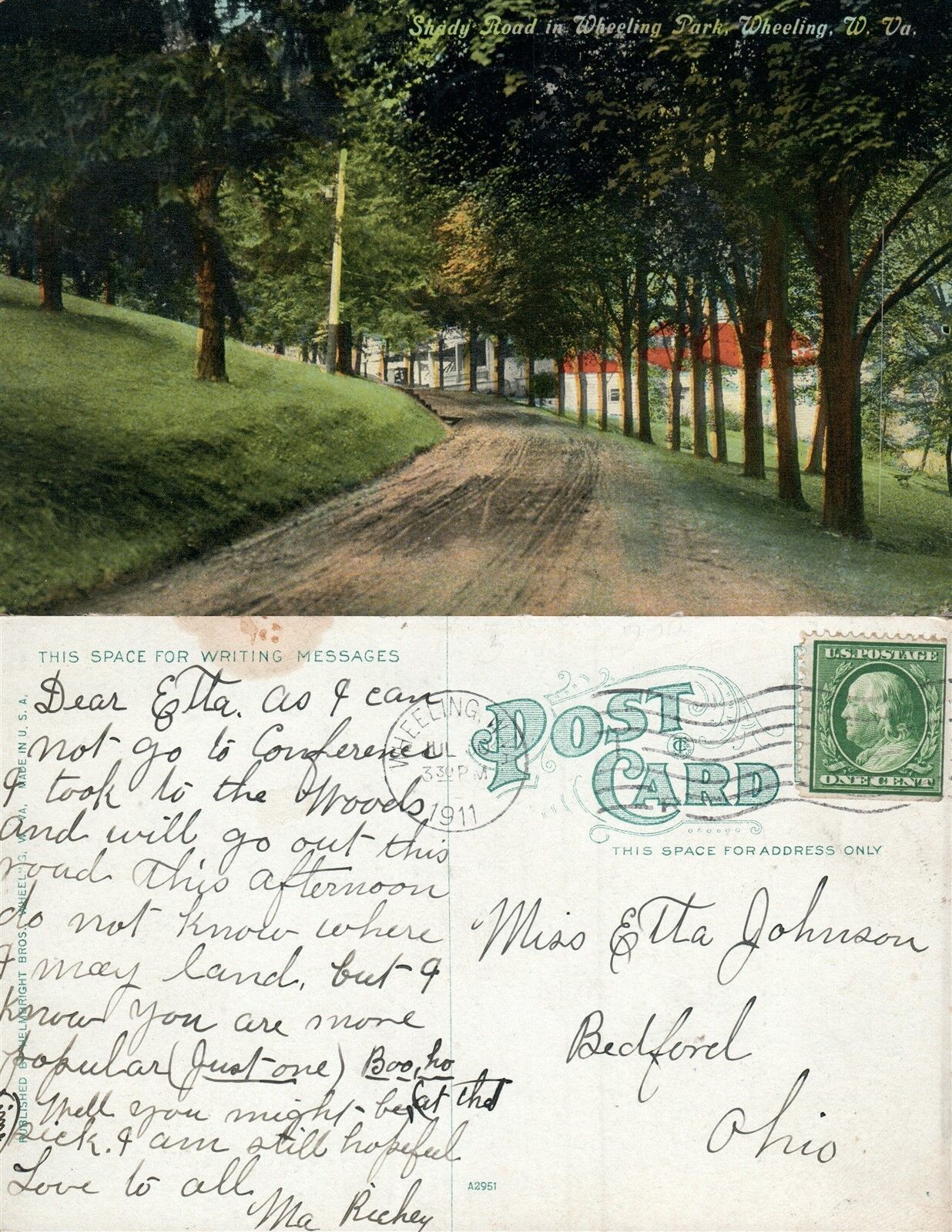 WHEELING PARK W.VA 1911 ANTIQUE POSTCARD