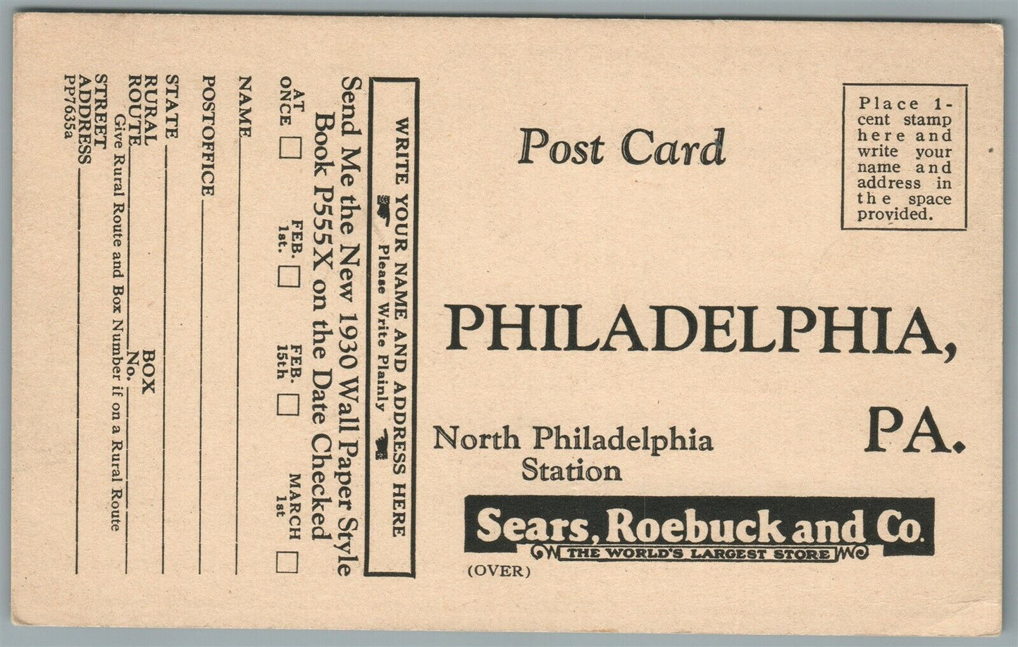 PHILADELPHIA PA 1939 WALL PAPER SEARS ROEBUCK & CO ADVERTISING ANTIQUE POSTCARD