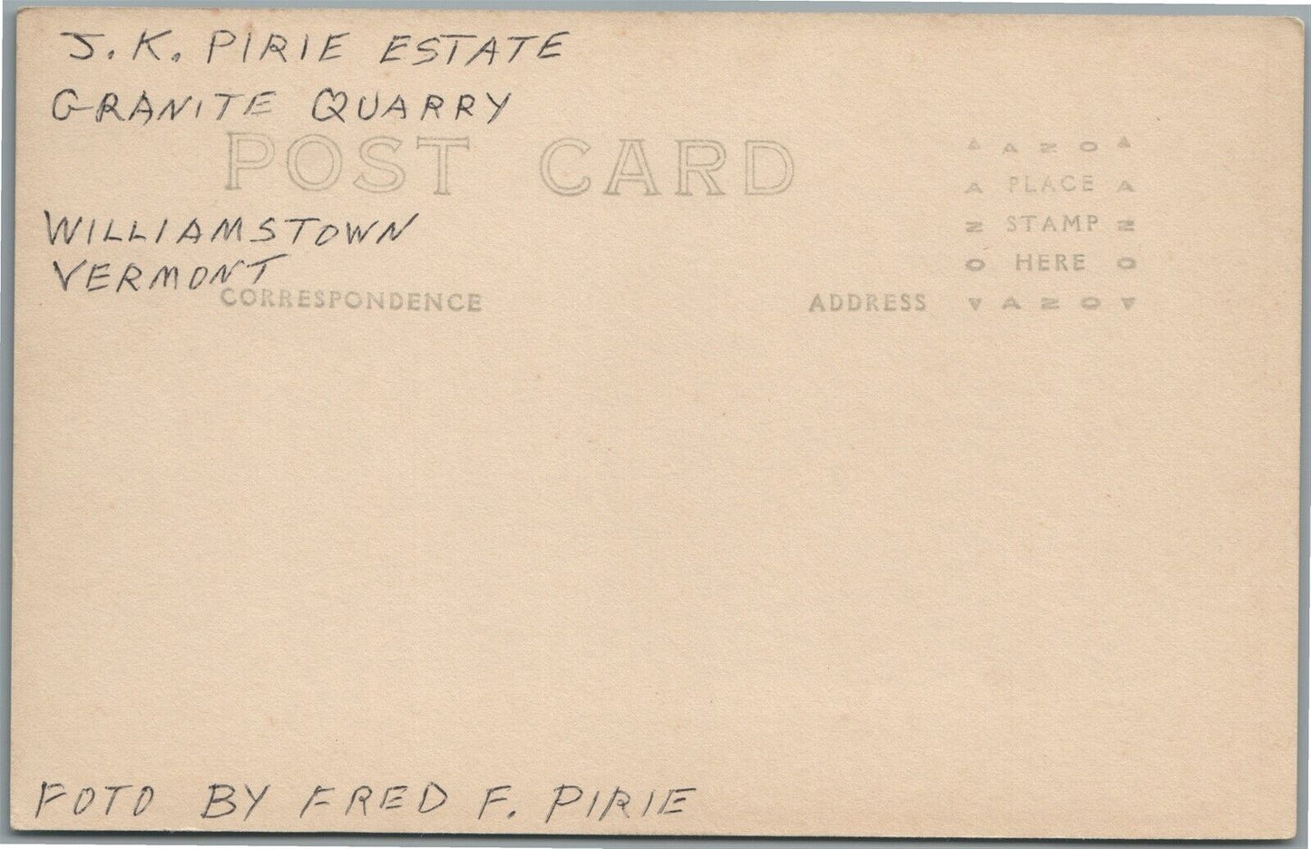 WILLIAMSTOWN VT JK PIRIE ESTATE GRANITE QUARRY ANTIQUE REAL PHOTO POSTCARD RPPC