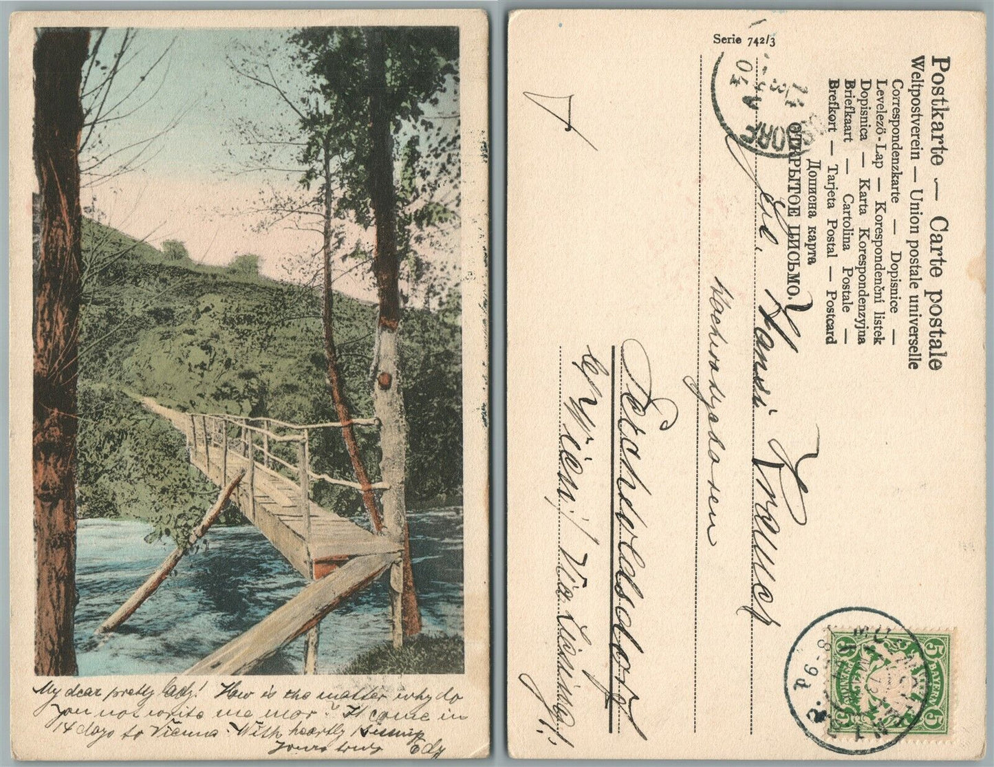 AUSTRIAN 1904 ANTIQUE POSTCARD w/ GERMAN BAVARIA stamp